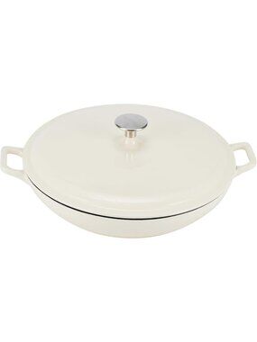 Enameled Cast Iron Round Casserole Skillet with Lid, Oven Safe, 3.3-Quart, White